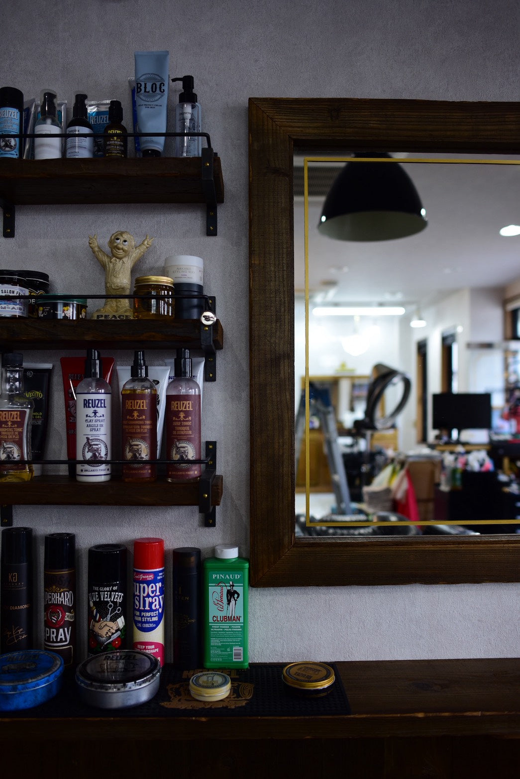 古材のBARBERミラー　オリジナルヴィンテージカラー　